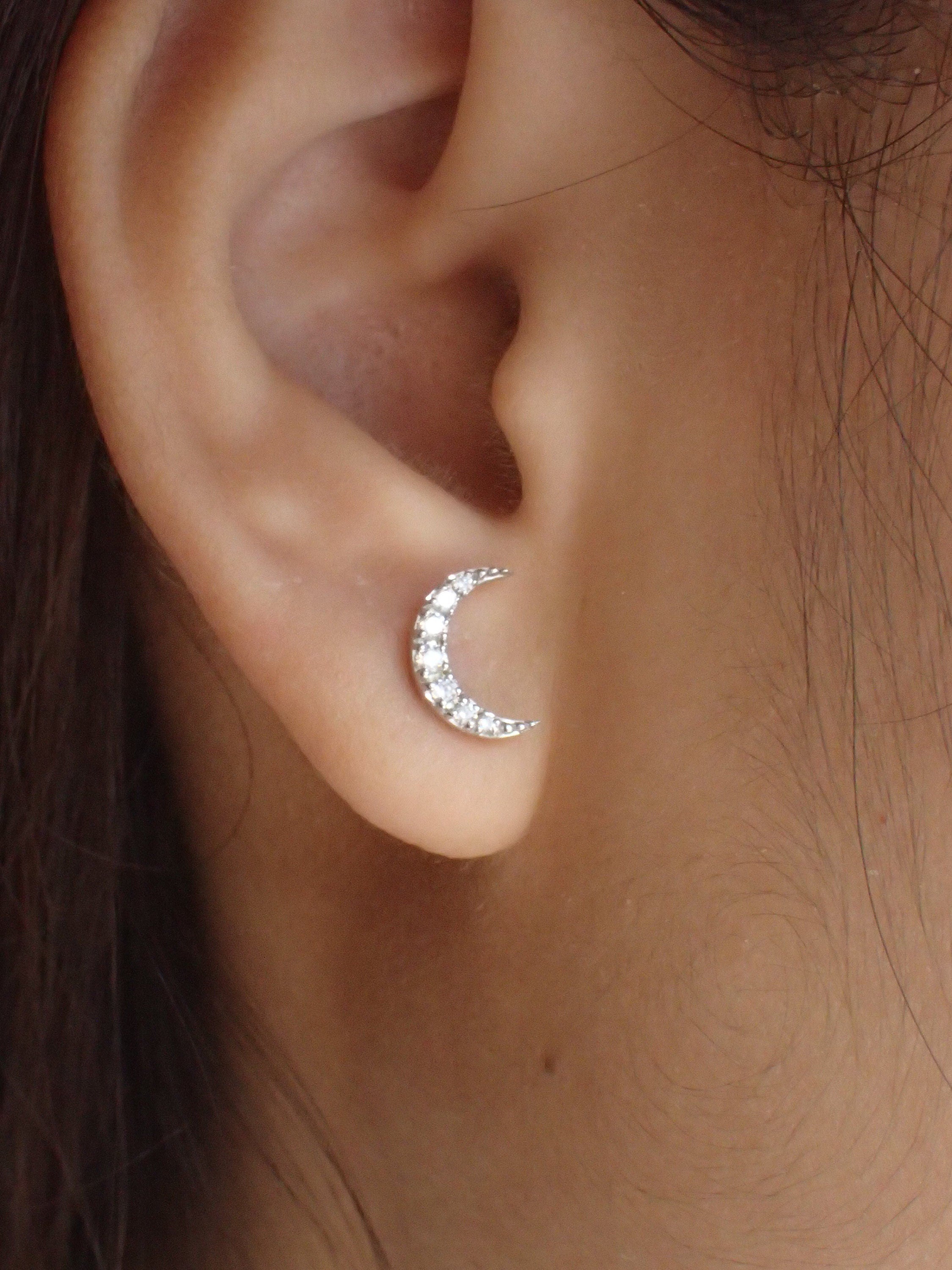 Minimalist Moon Earrings / Moon Stud Earrings / Diamonds Moon Earrings Gift for Her / Diamond Earrings